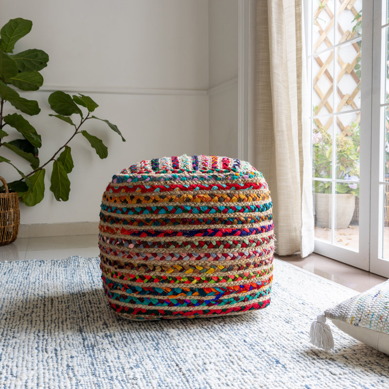 Birzer Modern Boho Colorful Striped Hand Braided Birzer Jute Ottoman Pouf Bungalow Rose Upholstery Color Blue Green Red Pink Orange Ivory